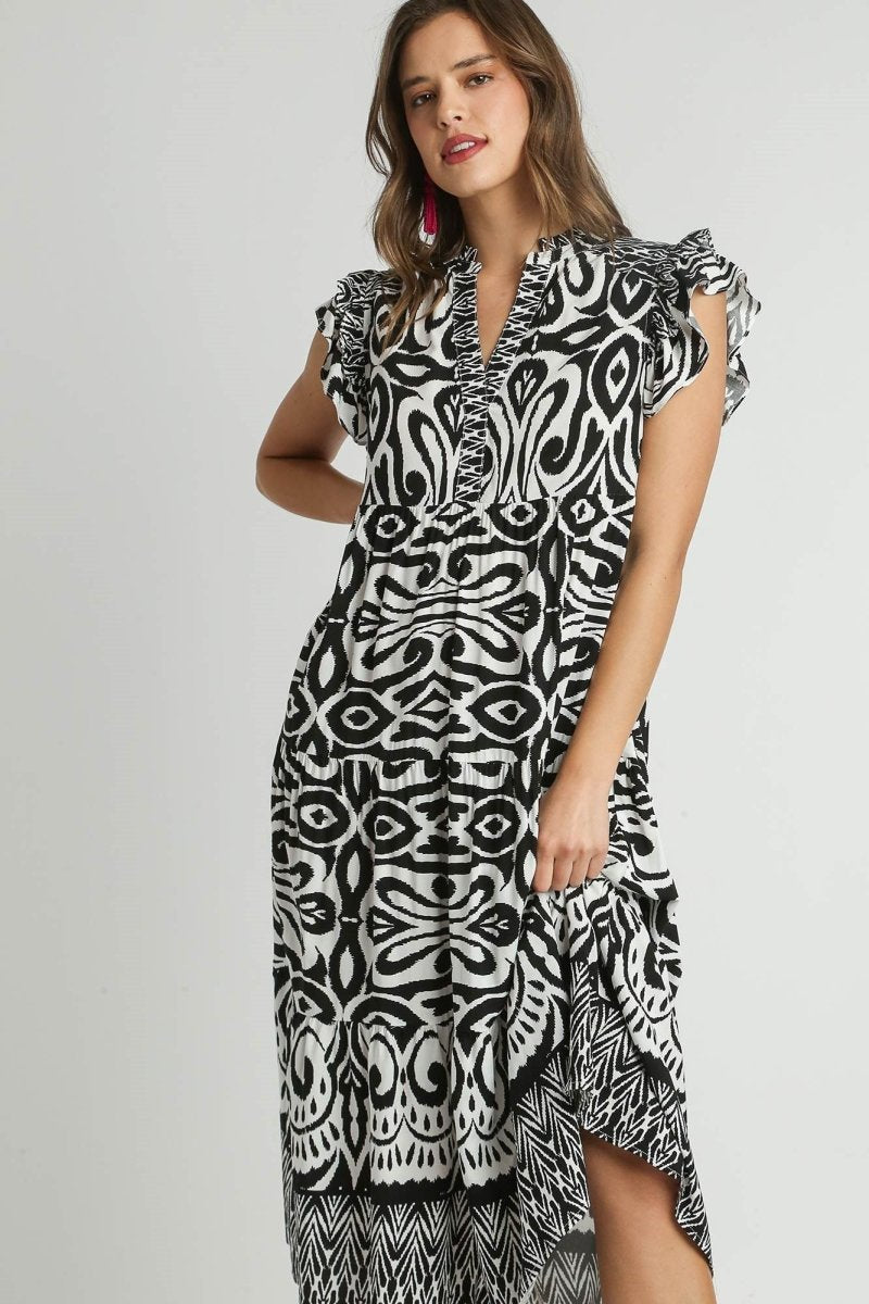 Umgee Full Size Two Tone Border Print Ruffle Cap Sleeve Midi Dress Plus Size - New Arrivals